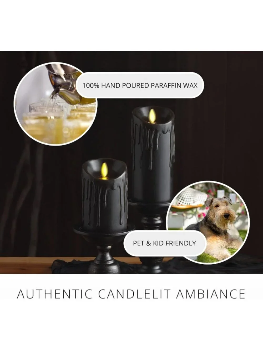 Black Wax Drip Flameless LED Candle - Battery Operated, Moving Flame, Timer
